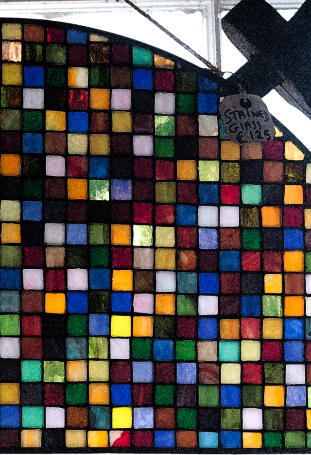 Stained glass panel in Bath recycling centre.