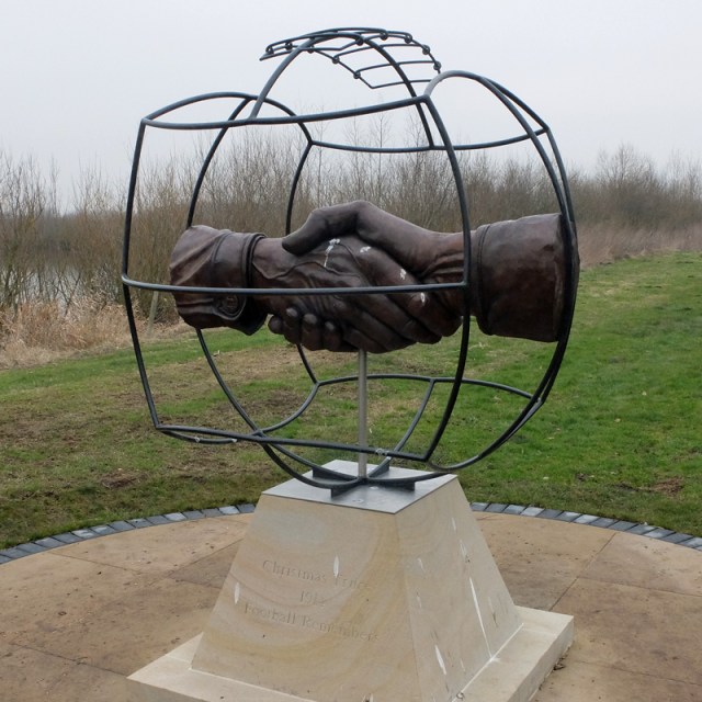 Symbolic of the soccer match thought to have been played on Christmas Day, 1914, between British and German troops.