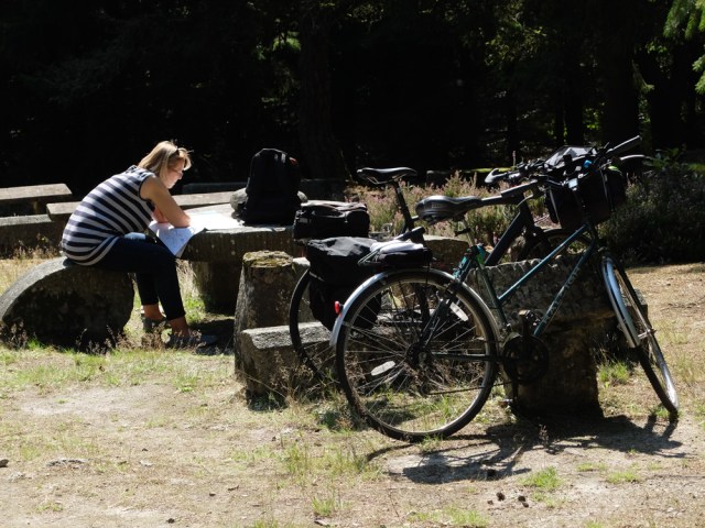 Studying map at St Geraldine's Chapel, Bagnoles.